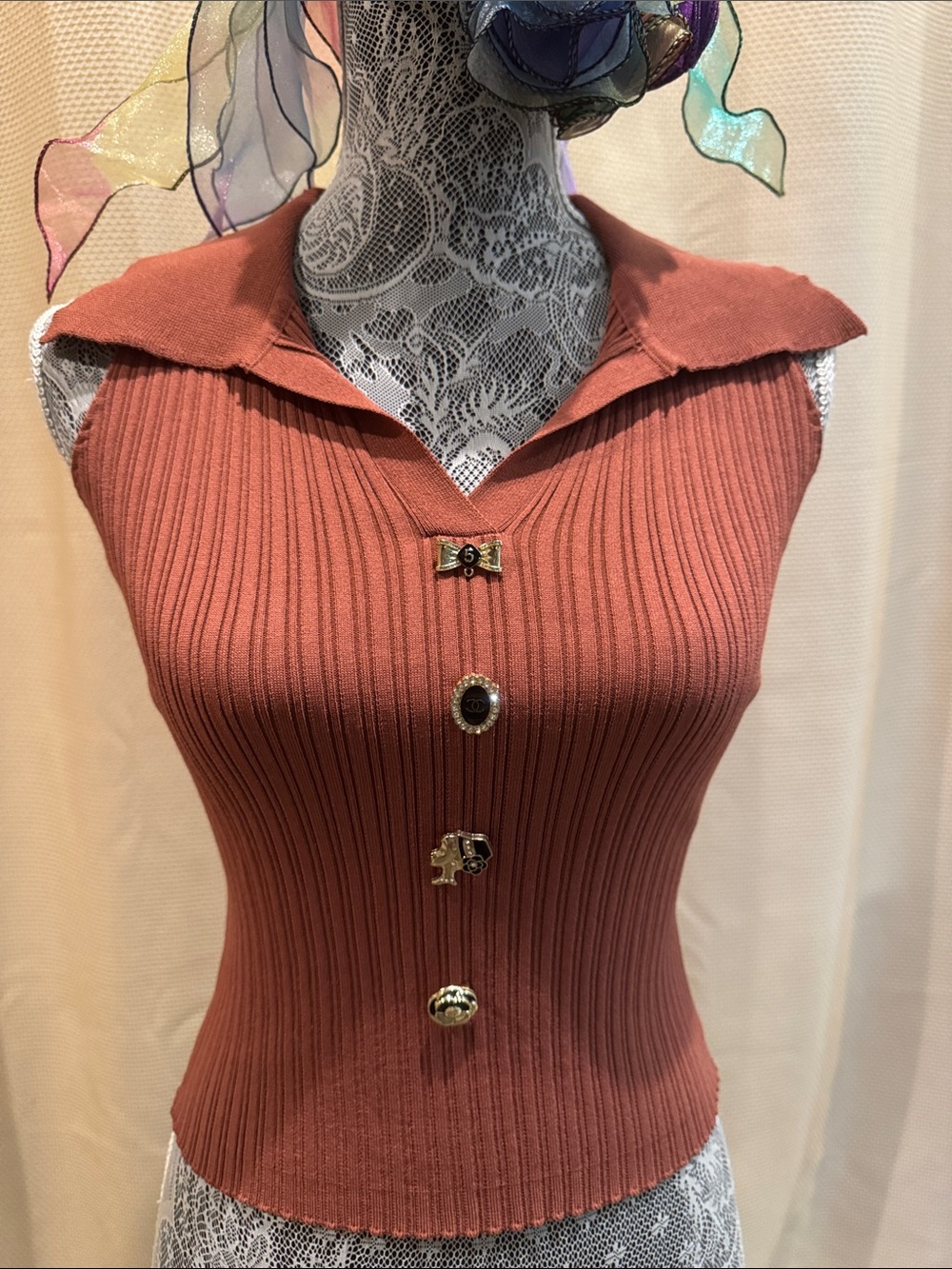 Chanel Knit Rust Color Sweater Removable Buttons - Picture 1 of 15